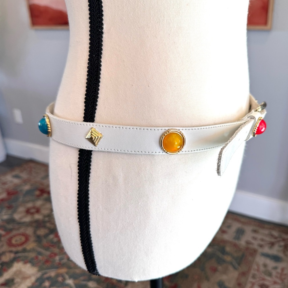 Vintage White Leather Belt with Colorful Accents - Picture 7 of 13
